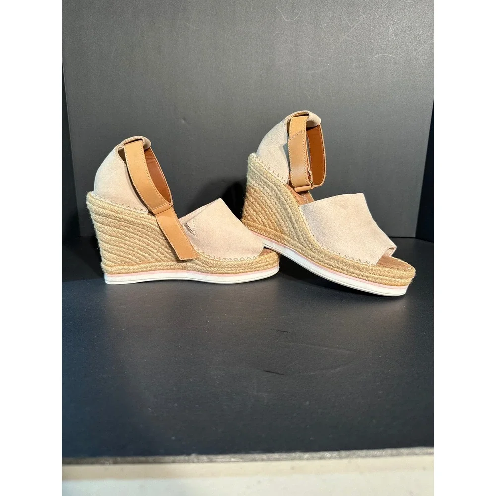 TOMS Monica Cream Suede Espadrille Wedge Sandals Tan Ankle Strap Womens 6